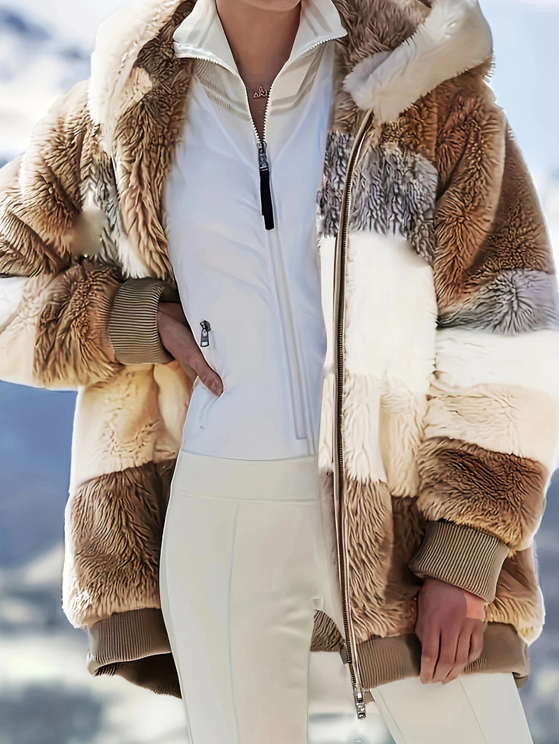 Veste d'hiver à capuche en bloc de couleurs, confortable et décontractée pour femmes
